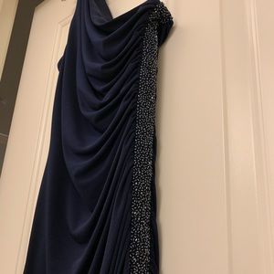 Navy one-shoulder side-sequenced gown